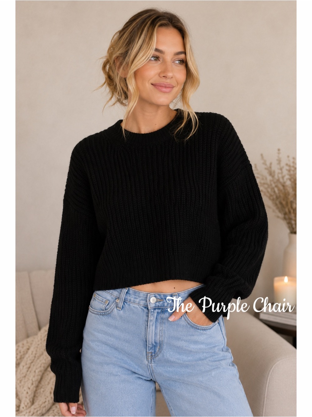 ELODIE NWT Black Cropped Crewneck Sweater M